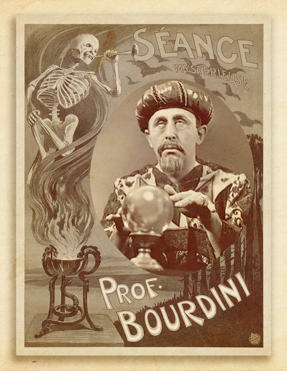 Stary plakat reklamowy prezentujący sylwetkę Czesława Pukałko jako profesora Bourdini.